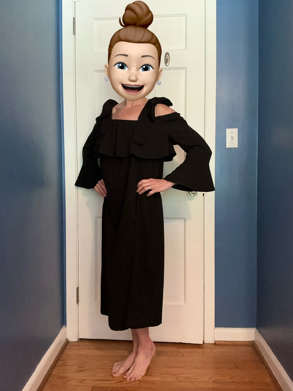 Ganni Clark Off-Shoulder Black Midi Dress with Tie Shoulder